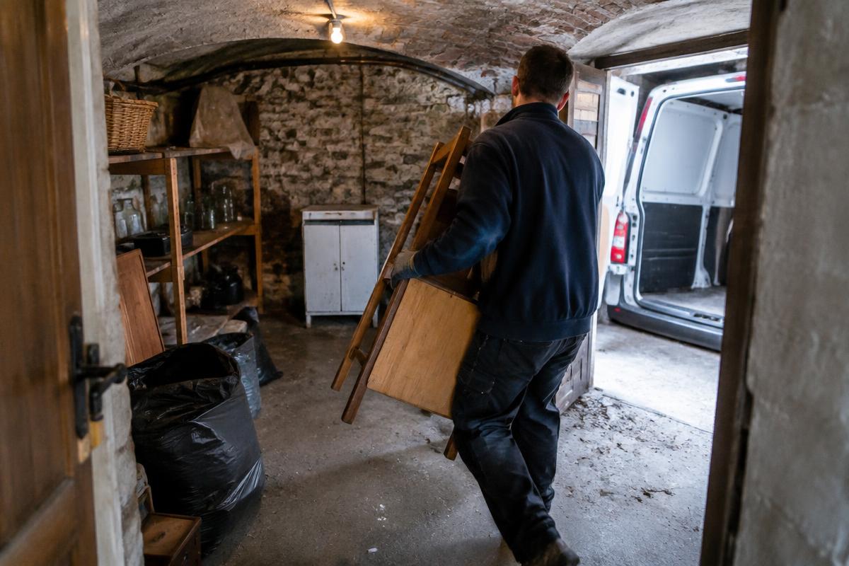 Mitarbeiter trägt alte Möbel aus einem Kellerraum zu einem Transporter