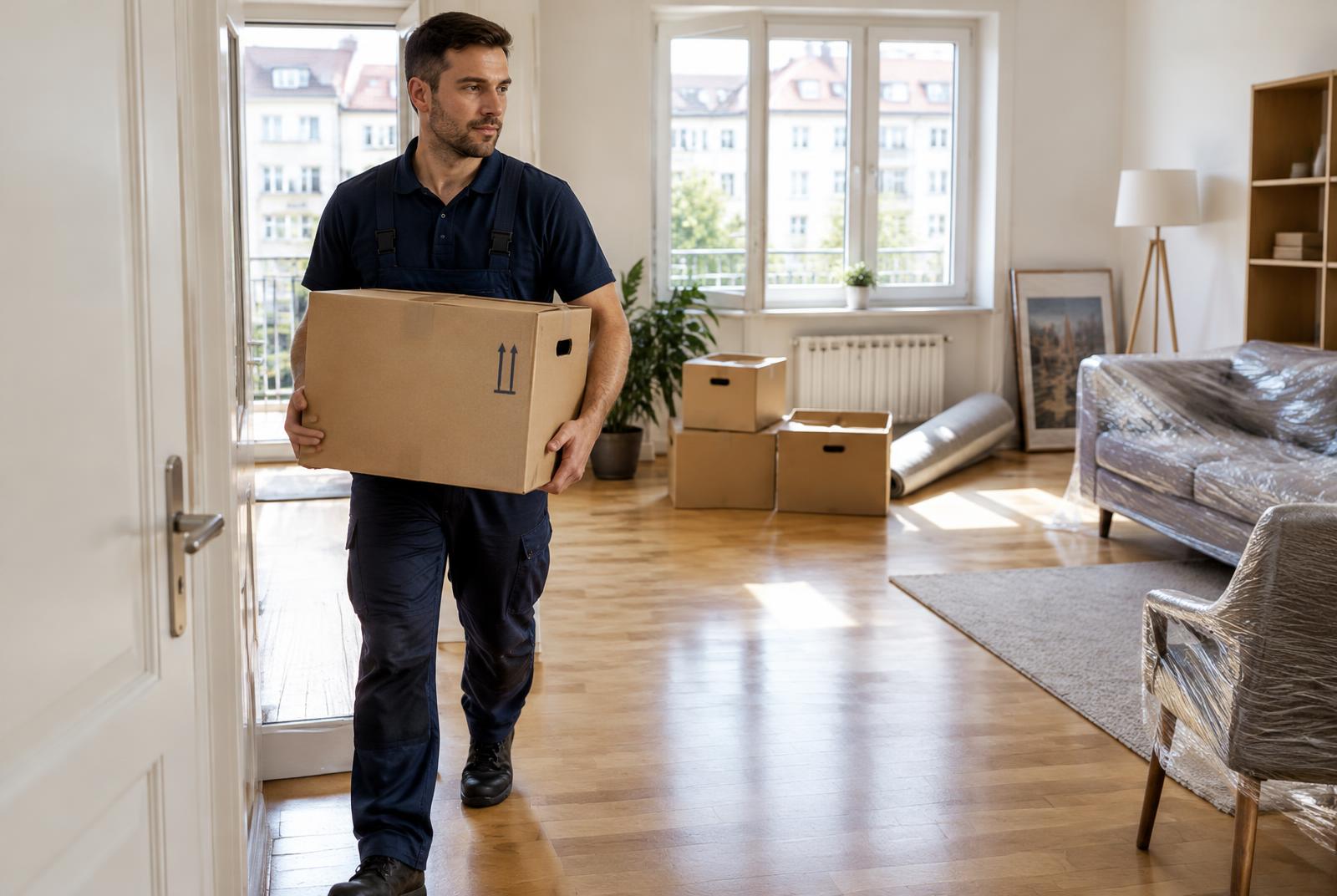 Mitarbeiter trägt einen Umzugskarton aus einer hellen, teilweise geräumten Wohnung
