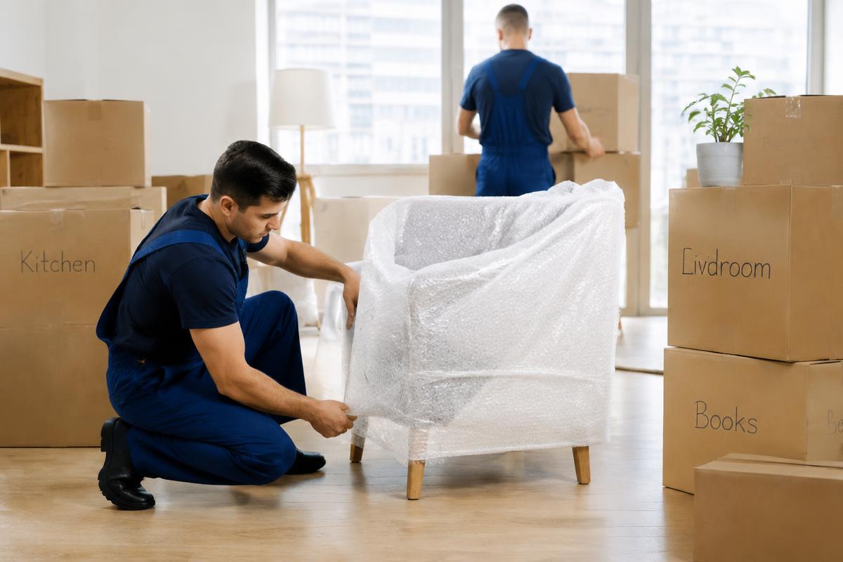 Umzugshelfer verpackt einen Sessel in Luftpolsterfolie zwischen Umzugskartons